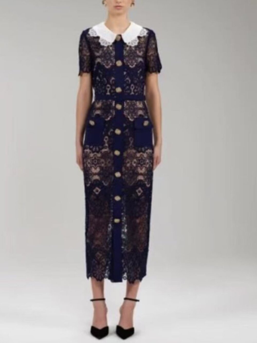 Self-Portrait Black Lace Midi Dress with Belt US 4 UK 8